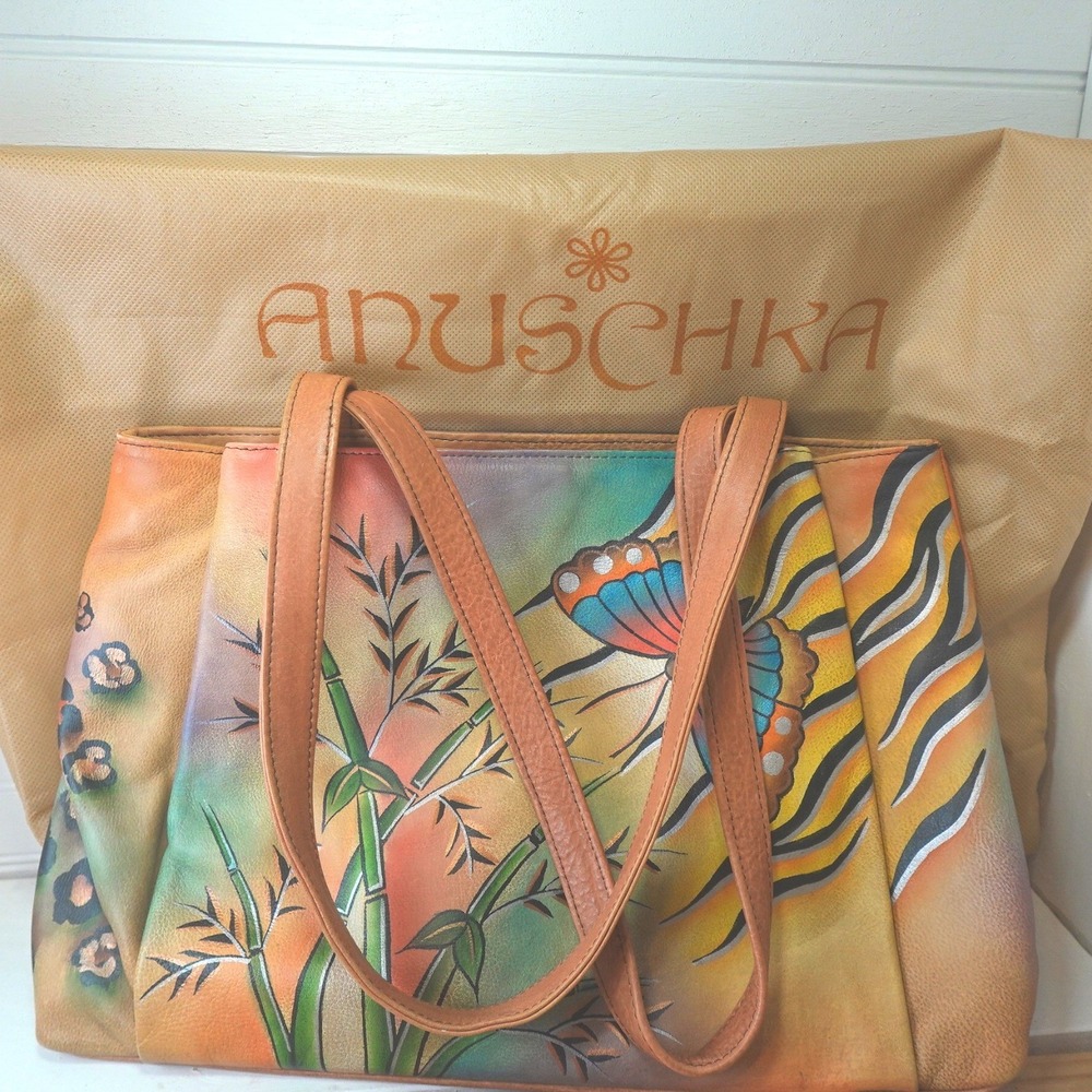 Anuschka Leather Shoulder Bag Hand-painted Floral Butterfly Purse w/ Dust Bag